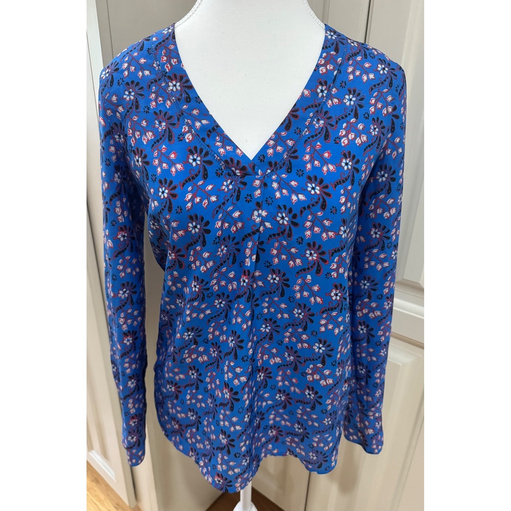J.Crew Floral Print Blouse Top XXS Blue Long Sleeve V Neck Career Casual‎ EUC